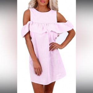 Size medium pink, and white striped dress with ruffles